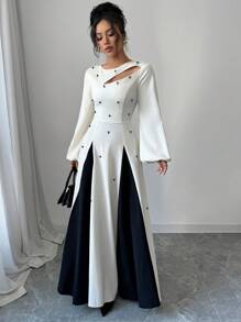 Modelyn 女士优雅双色拼接泡泡珠镂空腰部 A 字形连衣裙长款女装 - 杏色 - 查看 5