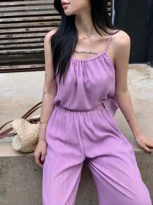 DAZY 2pcs/Set Women Plain Pleated Drawstring Camisole And Wide Leg Pants Casual Vacation Summer Outfit