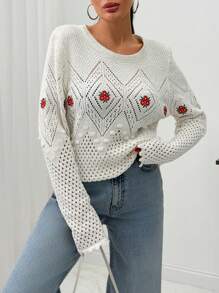 RueChic WOMEN Flower Embroidered Seasonless Diamond Patterned Bobble Knit Sweater - White - View 2