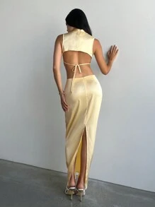 Aloruh Women Elegant Solid Stand Collar Sleeveless Top And Extra Long Skirt, 2 Pieces Set Valentine's Day Two Pieces Set Women Vacation Outfits Elegant Beach Outfits - Yellow - View 1