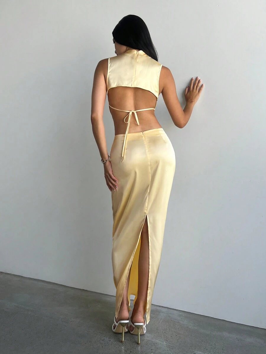 Aloruh Women Elegant Solid Stand Collar Sleeveless Top And Extra Long Skirt, 2 Pieces Set Valentine's Day Two Pieces Set Women Vacation Outfits Elegant Beach Outfits - Yellow - View 1