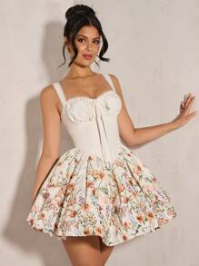 SHEIN BAE 暑假约会旅行连衣裙情人节连衣裙小碎花连衣裙野餐连衣裙优雅连衣裙纯色褶皱胸围蕾丝花边吊带裙女士夏季服装/春季服装/情人节服装/狂欢节/海滩度假服装 - 彩色 - 查看 3