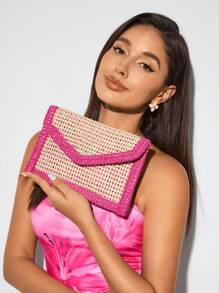 SHEIN BAE Woven Evening Clutch Bag For Women, Fashionable Minimalist Solid Color Large Wallet, Suitable For Summer Travel And Vacation, Straw Wallet, Straw Beach Bag, Beach Essentials, Beach Supplies, And Summer Necessities, Most Suitable For Beach Atmosphere - Hot Pink - View 4