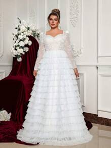 Glamrae 大码优雅白色对比心形领长袖透明刺绣拼布薄纱 A 字型婚纱 - 白色 - 查看 7