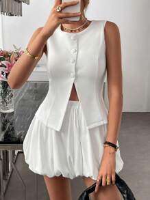 SHEIN LUNE 2pcs/Set Fashionable Open Slit White Blazer Vest Top + Pleated Floral Knee Length Skirt Set Dresses For Women Elegant Birthday Outfits For Women Date Night Outfits Women