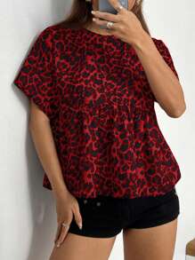 Muchica Red-Black Leopard Print Woven Blouse For Women - Red - View 3
