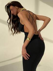 Aloruh Sexy Spaghetti Strap Backless Bodycon Dress For Women - Black - View 3