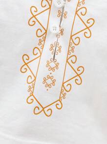 Newborn Baby Boy 4-Piece Summer Outfit Set, Including: 1pc Yellow Retro Print Short Sleeve Knit Top, Adjustable Waist Pants, Hat, And Foot Covers, Suitable For 1-9 Months Infants, Great For Daily Casual Wear And Outdoor Activities - White - View 4