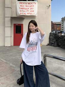 DAZY 女式圆领休闲逼真印花短袖 T 恤图案 T 恤，教师服装