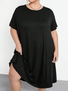 SHEIN CURVE+ Loose Fit Super Plus Size Comfortable Stretchy Long Short Sleeve Black Casual Dress, Basic Versatile Summer