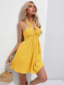 SHEIN Unity Vestido de mujer de unicolor con pliegues, sin mangas, estilo halter, bohemio, de vacaciones, de moda, color amarillo pastel para verano, primavera, otoño - Amarillo - Ver 4