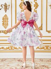 SHEIN 少女优雅拼色蝴蝶结后背泡泡袖中长连衣裙 - 粉色 - 查看 7