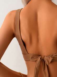 Swim Lushoire Bikini da donna a 2 pezzi, semplice tinta unita, arricciato, per spiaggia - Arancione - Visualizzare 4