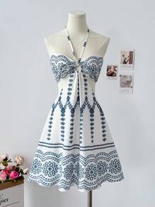 Breezaya Elegant Halter Backless Shirred Waist Casual Vacation Dress For Women