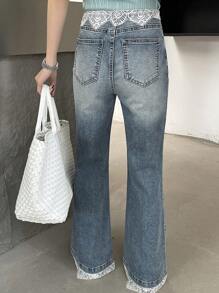 DAZY Women's Lace Patchwork Flared Jeans - Medium Wash - View 5