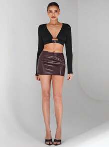 SHEIN Unity Black,Autumn,Elegant,Seksi Chic,Club Long Sleeve Crop Top,Stylish Summer Tops For Women,Perfect For Spring Vacation,College Students,Valentine's Day - Black - View 4