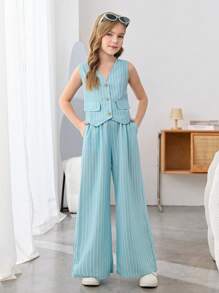 SHEIN Tween Girls' Casual Woven Striped Sleeveless Asymmetrical Hem Tank Top And Relaxed Fit Pencil Pants 2 Pieces Set, Mint Blue, Back To School, French Chic, Fashion Commute