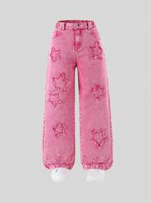 1pc Tween Girls Star Embroidered Straight Leg Pants - Hot Pink - View 1