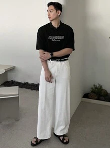 DAZY Camiseta polo de tela texturizada negra con estampado de letra, para verano - Negro - Ver 3