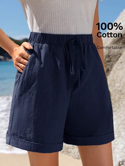 Sylviya Elastisk midja knytband Rullfåll Snedficka Casual Shorts Sommargröna shorts Bomull Damshorts