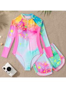 SHEIN 青少年女孩扎染印花长袖连体泳衣（配平角裤）