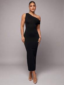 Silquee Women Solid Color Asymmetrical Neck Fitted Elegant Knit Dress