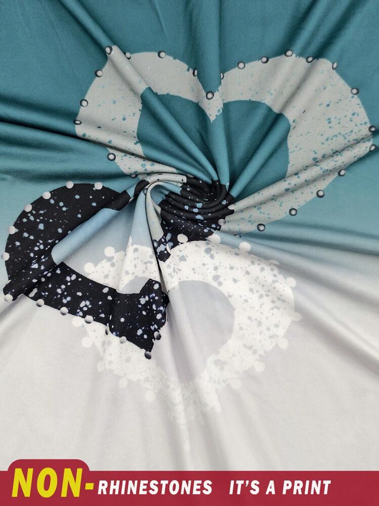 EMERY ROSE Gradient Heart Shaped Print V-Neck Women's Plus Size T-Shirt, Summer - Blue - View 6