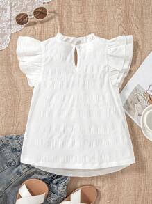 SHEIN Girls White Cap Sleeve Cap Sleeve Cute V-Neck A-Line Blouse, Princess Sweet Matching Sister Outfits, Fashion Look - White - View 2