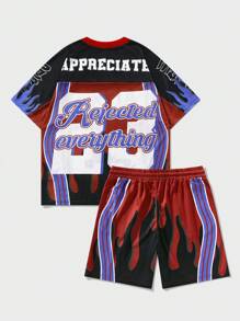 ROMWE MEN Prep Conjunto de camiseta de manga corta con cuello en V estampada digitalmente y shorts para hombres - Multicolor - Ver 2