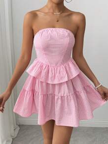 SHEIN EZwear 格纹抹胸短款上衣搭配荷叶边下摆优雅迷你连衣裙