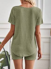 SHEIN LUNE 2pcs Women Solid Color V-Neck Short Sleeve Ribbed Casual Top And Shorts Set