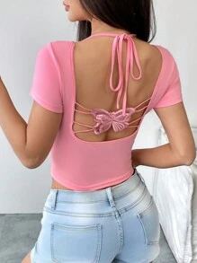 Chiquease Camiseta de mujer con cuello redondo, silueta ceñida, espalda calada con lazo y estampado de mariposas y flores, para primavera/verano