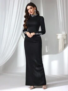 Coutiva 女士水钻和人造珍珠装饰长款正式晚礼服，黑色婚礼宾客礼服，派对礼服，长袍 - 黑色 - 查看 4