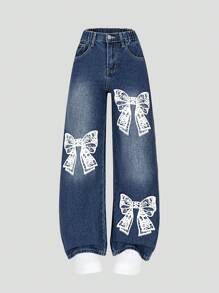 SHEIN Jeans anchos y sueltos lavados con estampado de lazo azul y blanco vintage desgastados para niñas preadolescentes - Azul lavado oscuro - Ver 1