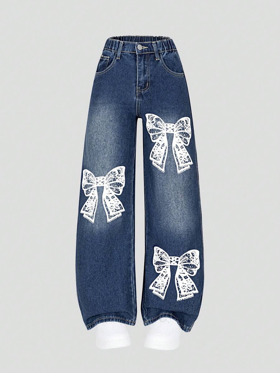 SHEIN Jeans anchos y sueltos lavados con estampado de lazo azul y blanco vintage desgastados para niñas preadolescentes - Azul lavado oscuro - Ver 1