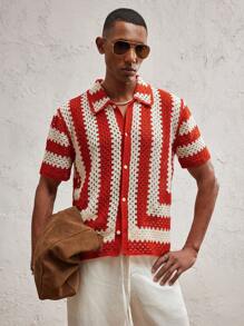 AKNOTIC Party Men Knitted Fitted Turndown Collar Short Sleeve Casual Cardigan Fall Sweater, Suitable For Daily Wear - Red and White - View 3