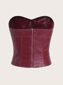Women's Solid Color Wine Red PU Simple Fitted Bandeau Top, Casual & Travel
