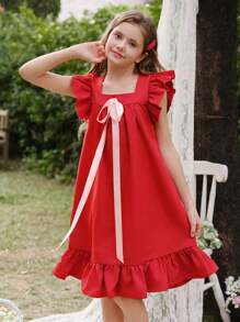 SHEIN Wildeya Tween-Mädchen Lässiges, elegantes, süßes A-Linien-Kleid mit Flügelärmeln und Schleife, Kleid mit rundem Kragen, rot, geeignet für Frühling, Sommer, Herbst, Ausflüge, Schule