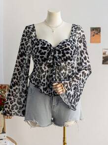 Soleia Plus Size Women Babydoll Top, Leopard & Floral Print Square Neck Tie-Up Long Sleeve Shirt, For Vacation, Graduation, Back To School Wear, Fall