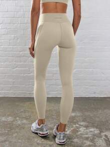 Musera Sport Ribbed High Waist Seam Detail Contour Activewear Leggings, Padel, Tennis, Pickleball Gym Fitness - Beige - View 4