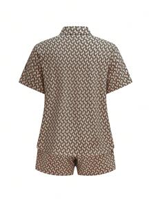 SHEIN LUNE Women Plus Size Black Printed Woven Shirt Top & Elastic Waist Shorts 2 Pieces Set, Casual & Comfortable - Multicolor - View 2