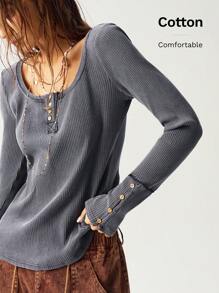 Bohemela 女士纯色针织方领半拉链长袖修身洗水 T 恤 - 黑色 - 查看 1