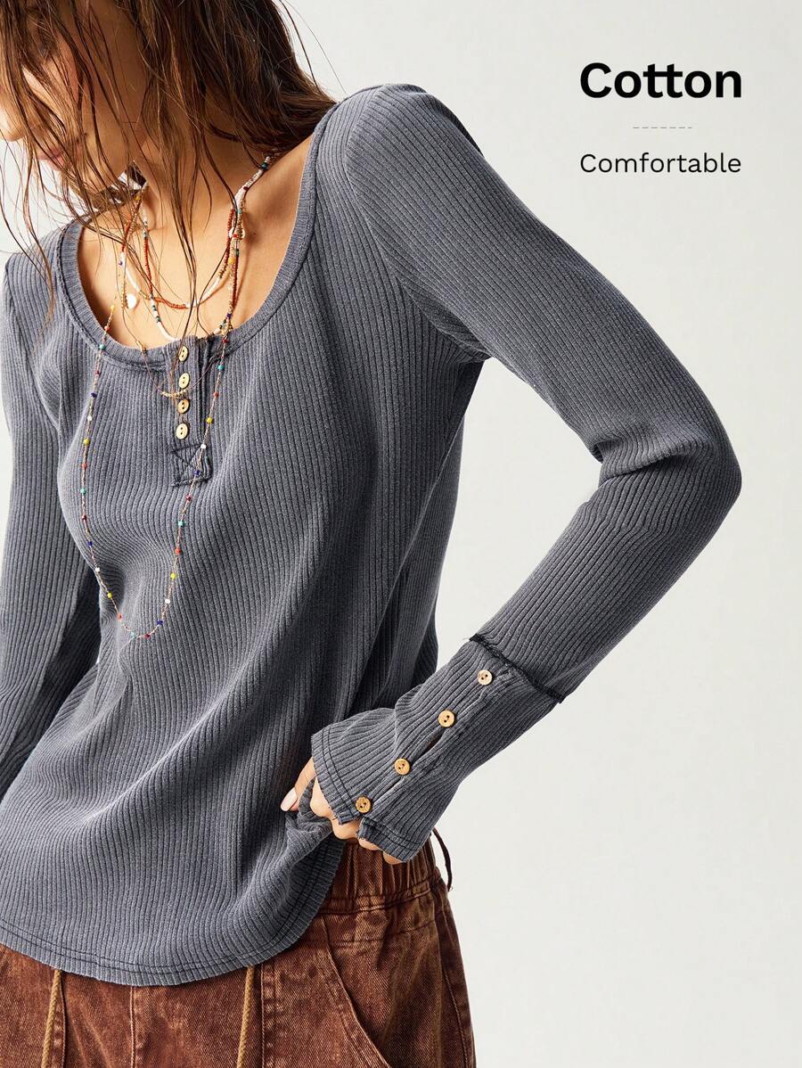 Bohemela 女士纯色针织方领半拉链长袖修身洗水 T 恤 - 黑色 - 查看 1