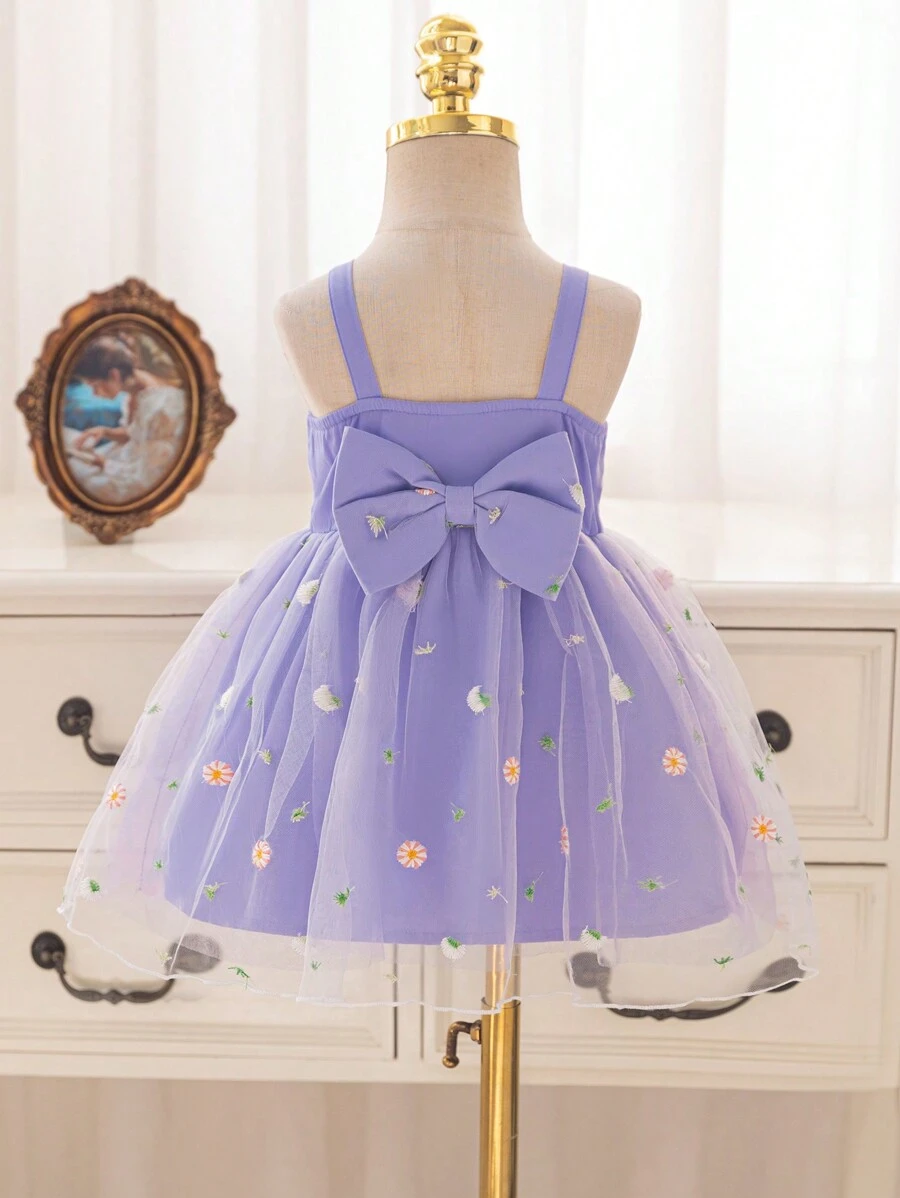 SHEIN Glamorique Kids Baby Girls Spring/Summer Embroidered Mesh V-Neck Spaghetti Strap Bowknot Belt Mesh Dress,Easter - Purple - View 1