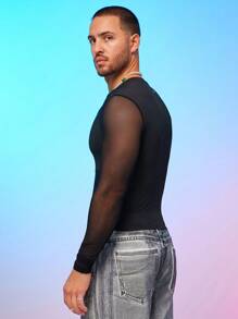 FeverCity 男士纯色网眼拼布长袖修身T恤，夏季，秋季 - 黑色 - 查看 3