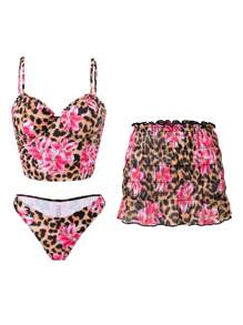 Swim SXY Damska letnia koszulka z nadrukiem w panterkę i kwiaty z losowym nadrukiem i marszczonymi ramiączkami z drutu, seksowny zestaw 3 sztuk, kamizelka, bikini z ramiączkami spaghetti - Wielokolorowe - Zobacz 3