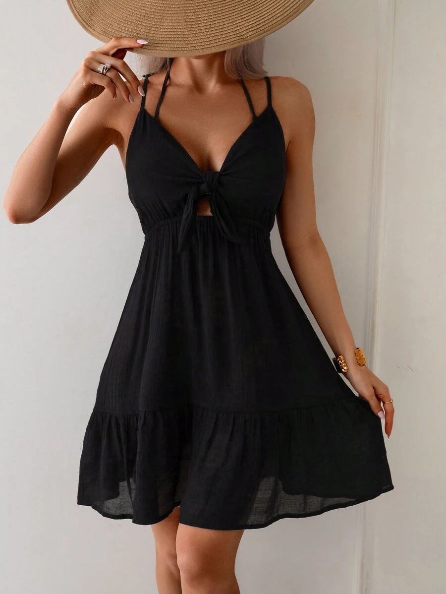 Swim Lushoire Summer Clothes Women Solid Color Sleeveless Simple Casual Short Elegant Babydoll Dress, Summer Beach Vacation - Black - View 1