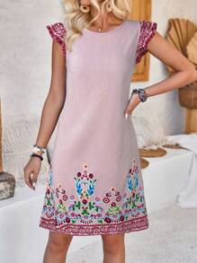 EMERY ROSE Women Casual Striped & Floral Printed Patchwork Short Mini Dress - Red - View 5