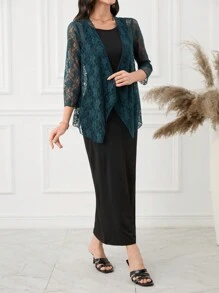 Mulvari Conjunto de 2 piezas para mujer con abrigo largo de encaje y vestido, ajuste casual slim