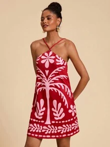 Travachic Vestido corto de punto con escote descubierto y estampado de palmeras para mujer
